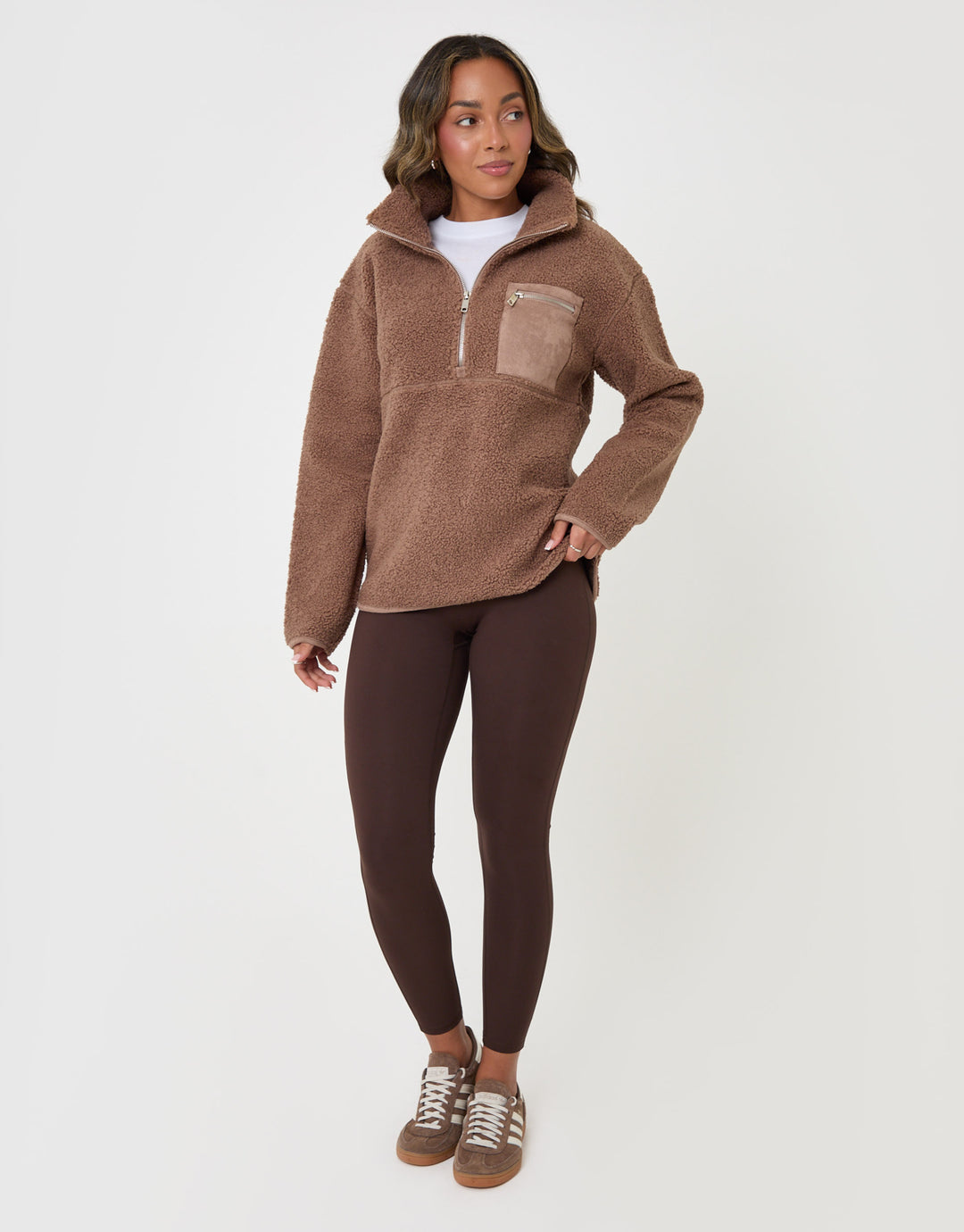 Threadbare Half Zip Borg Fleece in Mink Brown - full body