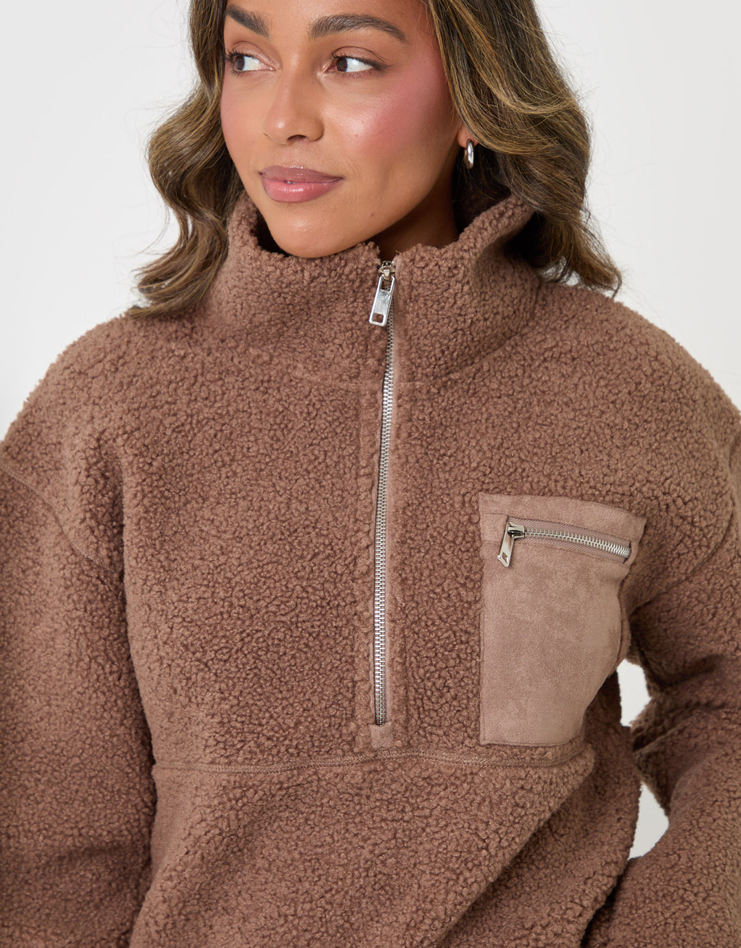 Threadbare Half Zip Borg Fleece in Mink Brown - close up