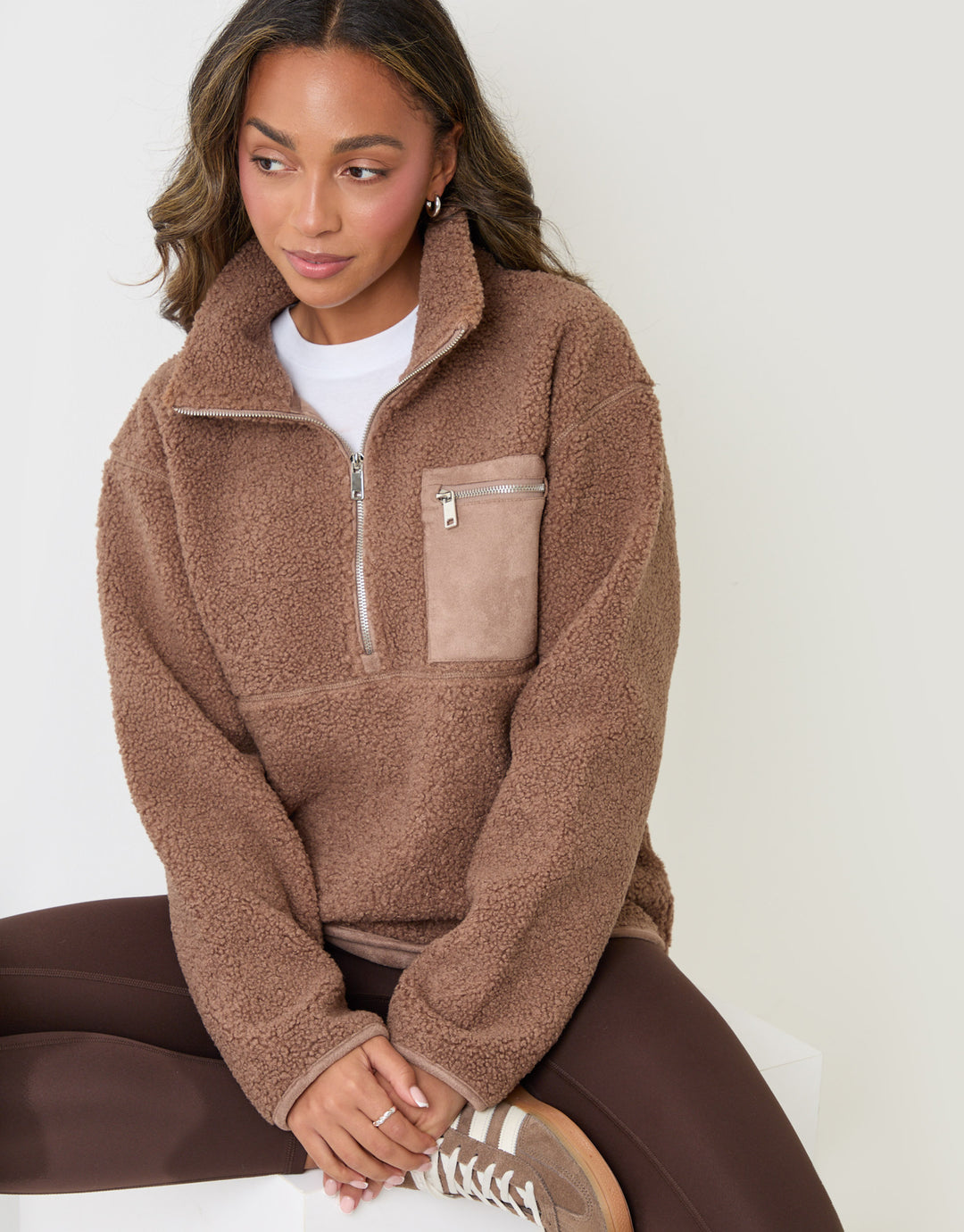 Threadbare Half Zip Borg Fleece in Mink Brown - sat down