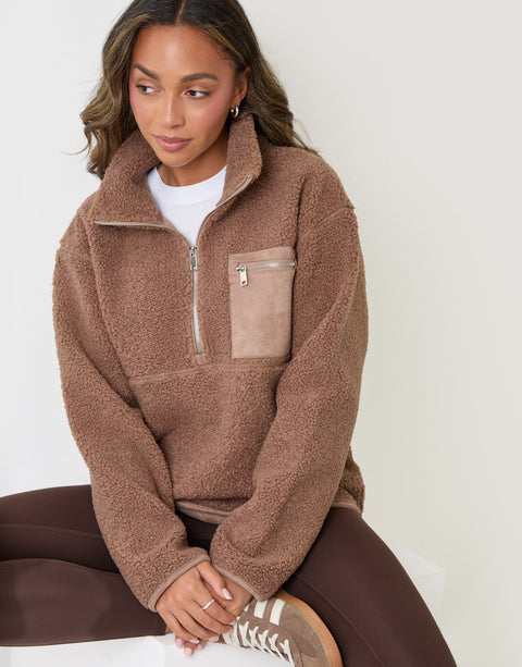 Threadbare Half Zip Borg Fleece in Mink Brown - sat down
