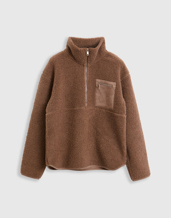Threadbare The Ultimate Half Zip Borg Fleece in Mink Brown - mannequin image