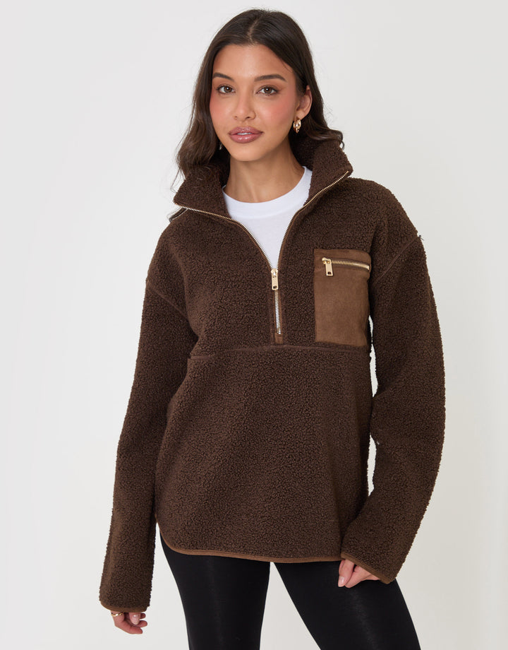 Threadbare Half Zip Borg Fleece in Chocolate Brown - front view