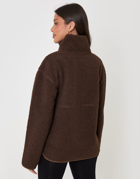 Threadbare Half Zip Borg Fleece in Chocolate Brown - back view