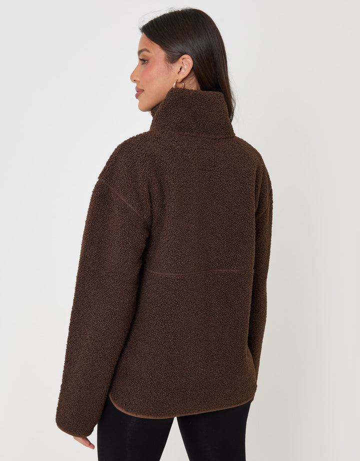 Threadbare Half Zip Borg Fleece in Chocolate Brown - back view