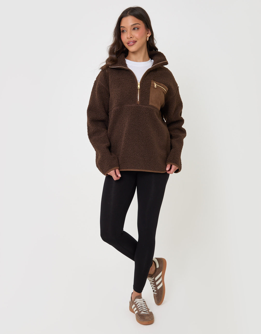 Threadbare Half Zip Borg Fleece in Chocolate Brown - full body