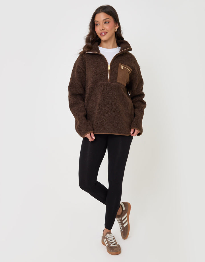 Threadbare Half Zip Borg Fleece in Chocolate Brown - full body