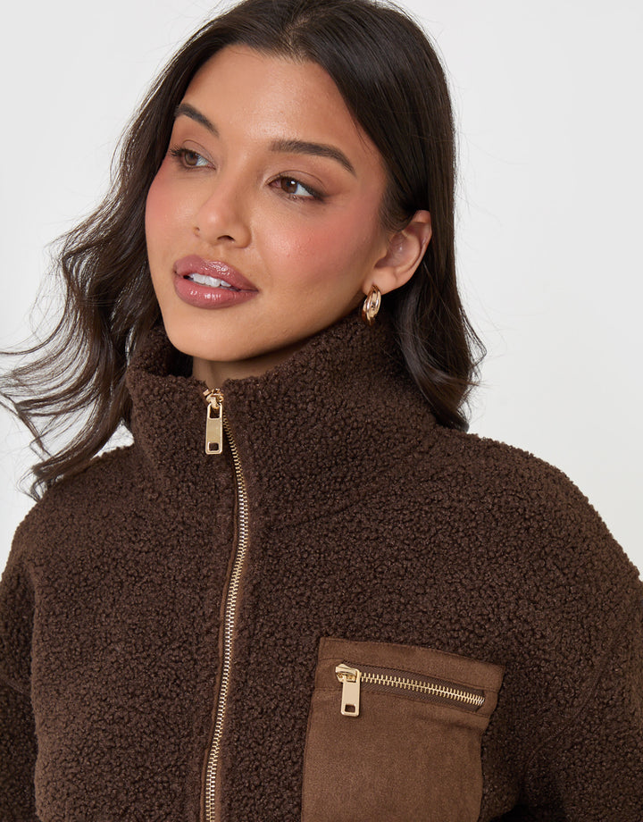 Threadbare Half Zip Borg Fleece in Chocolate Brown - close up