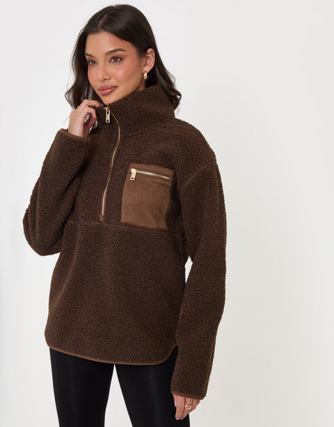 Threadbare Half Zip Borg Fleece in Chocolate Brown - detail