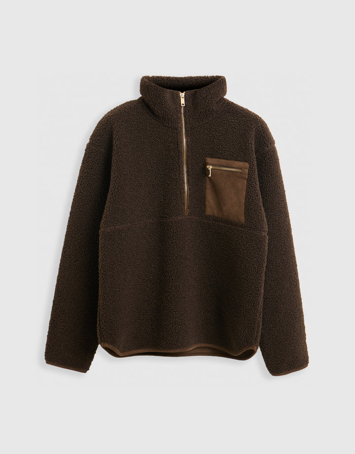 The Ultimate Half Zip Borg Fleece in Chocolate Brown