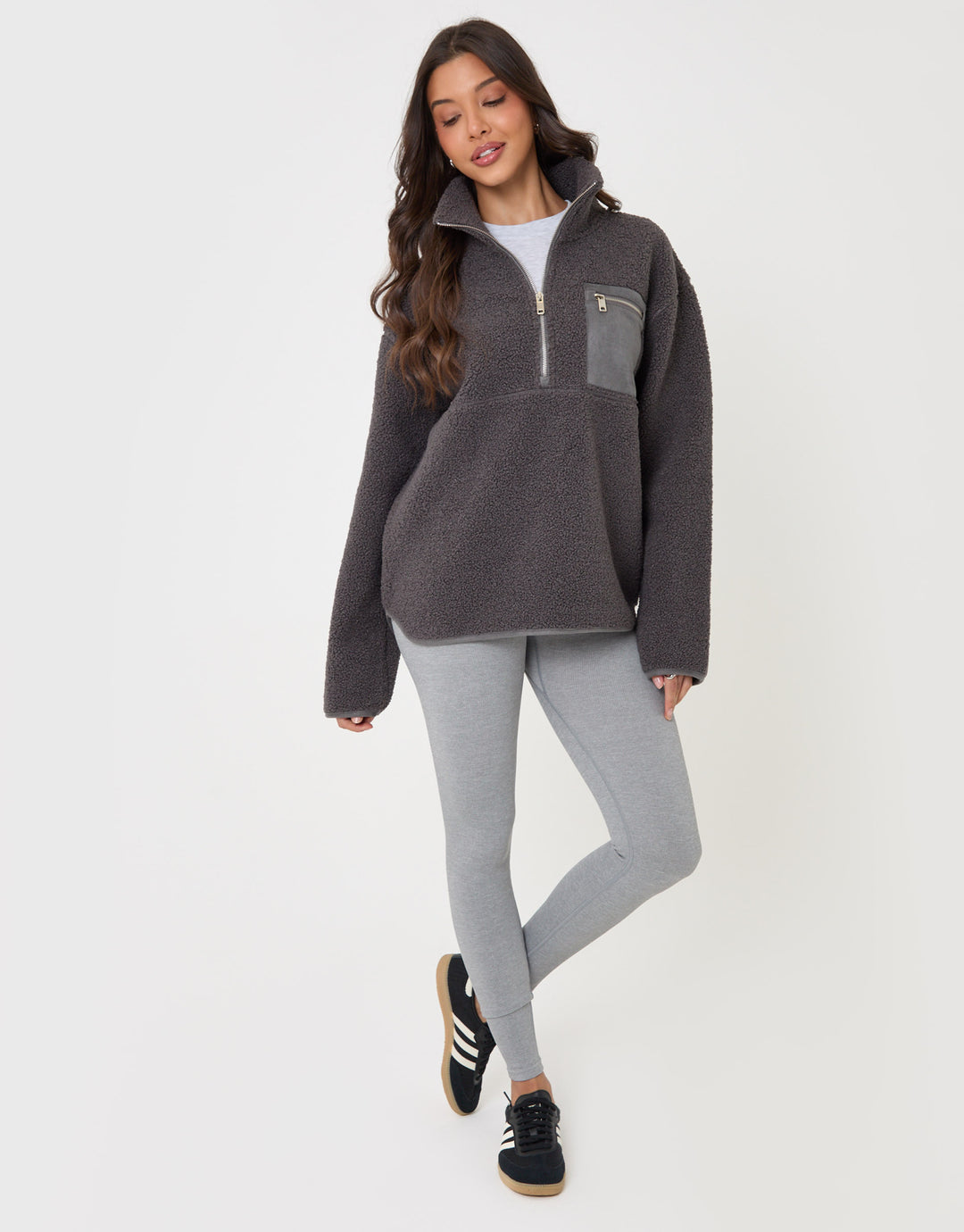 Threadbare Half Zip Borg Fleece in Charcoal Grey - full body