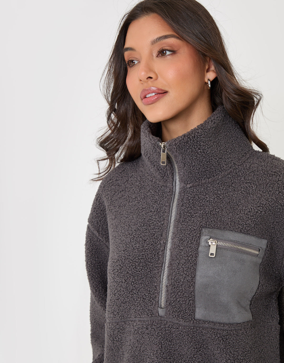 Threadbare Half Zip Borg Fleece in Charcoal Grey - close up