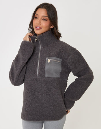 Threadbare Half Zip Borg Fleece in Charcoal Grey - front view pose