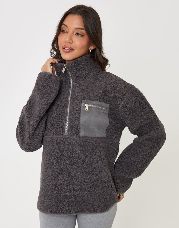 Threadbare Half Zip Borg Fleece in Charcoal Grey - front view pose