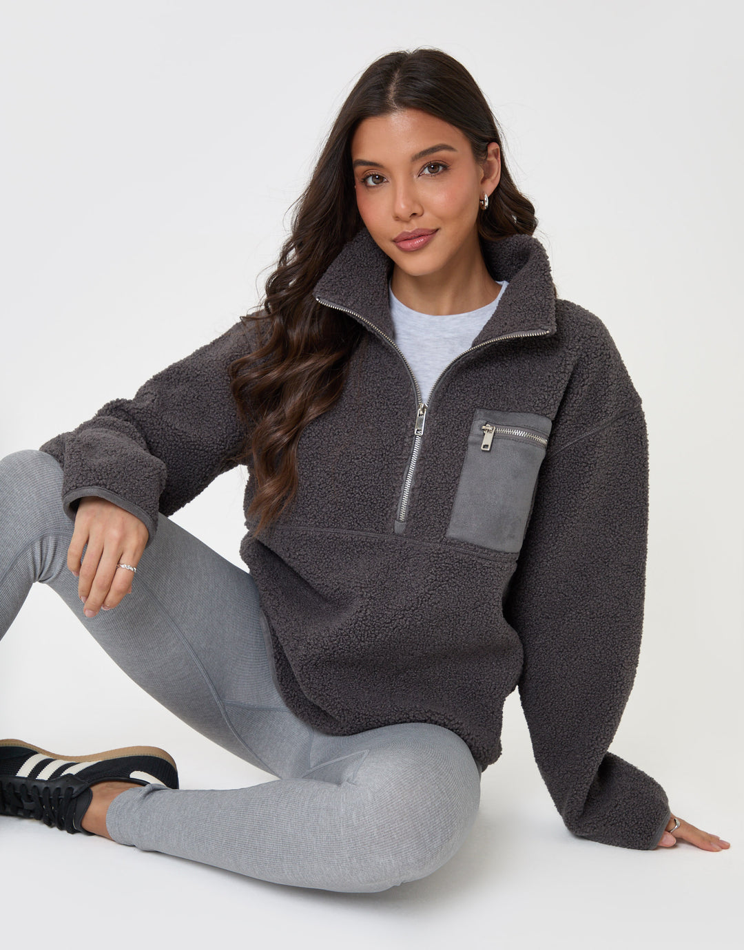 Threadbare Half Zip Borg Fleece in Charcoal Grey - sat down