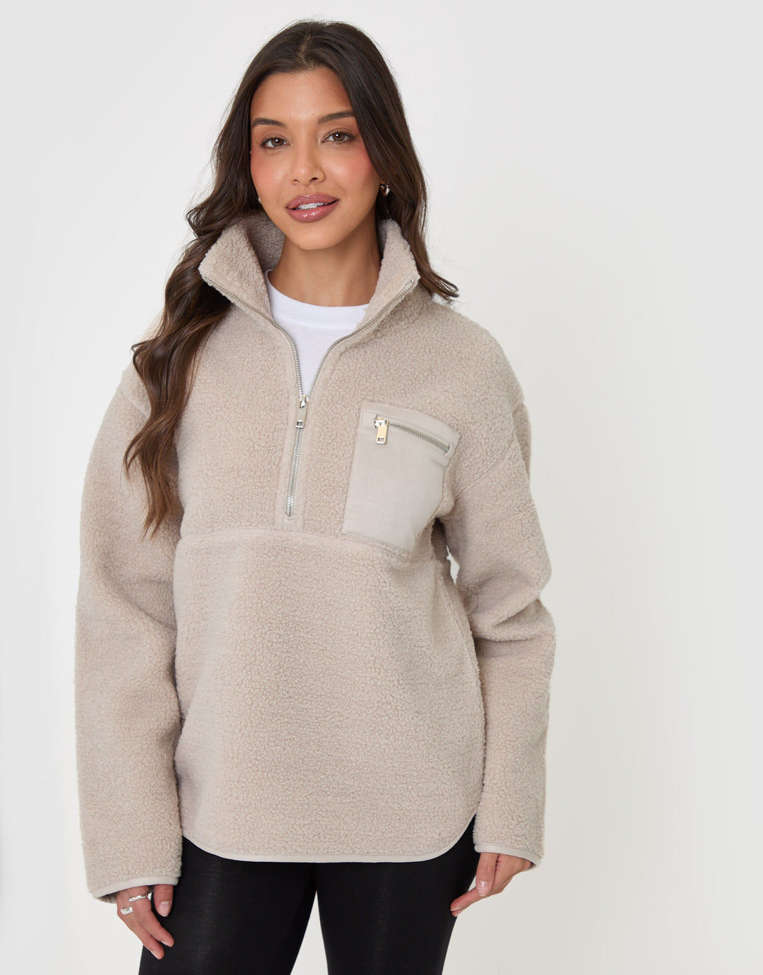 Threadbare Half Zip Borg Fleece in Mushroom - front view