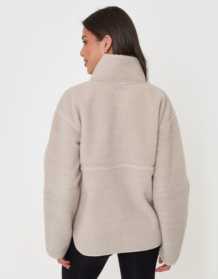 Threadbare Half Zip Borg Fleece in Mushroom - back view