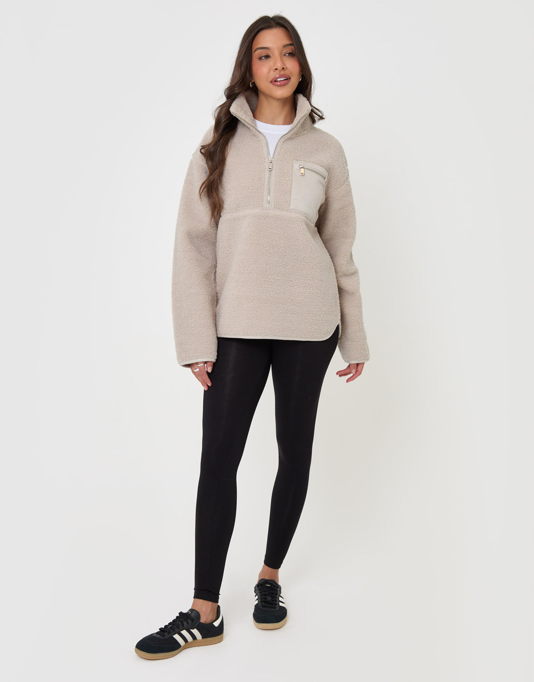 Threadbare Half Zip Borg Fleece in Mushroom - full body