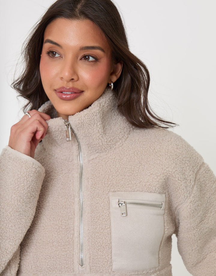 Threadbare Half Zip Borg Fleece in Mushroom - close up