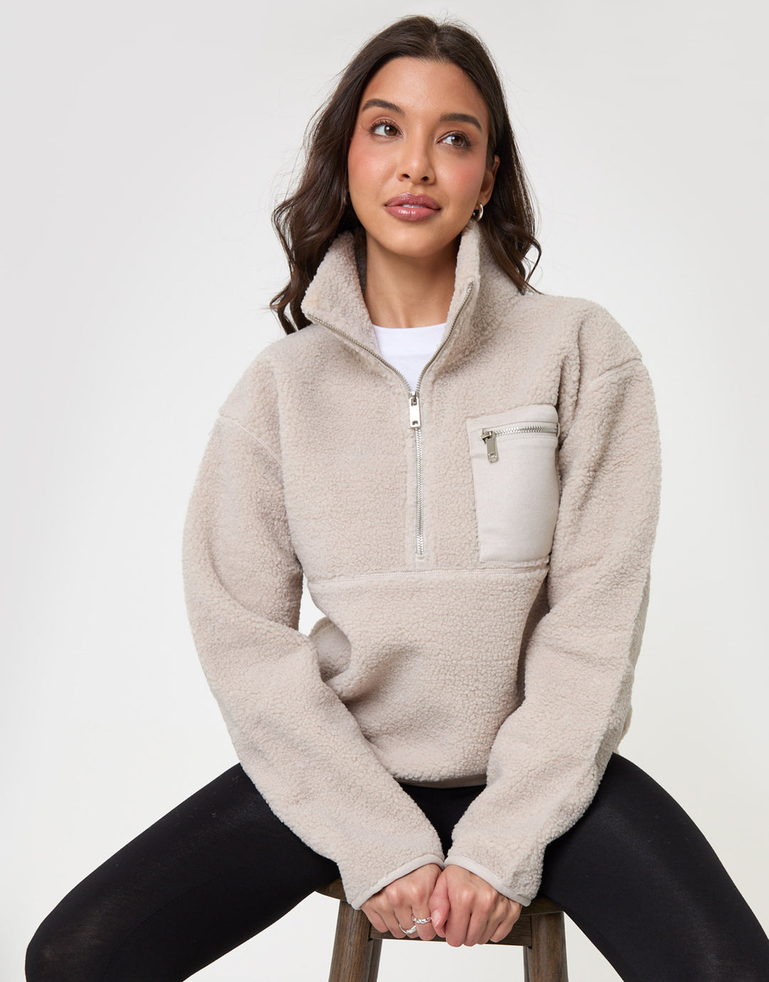 Threadbare Half Zip Borg Fleece in Mushroom - sat down