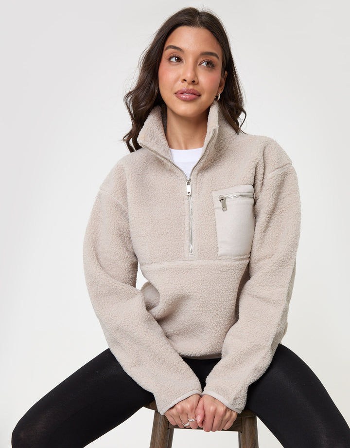 Threadbare Half Zip Borg Fleece in Mushroom - sat down