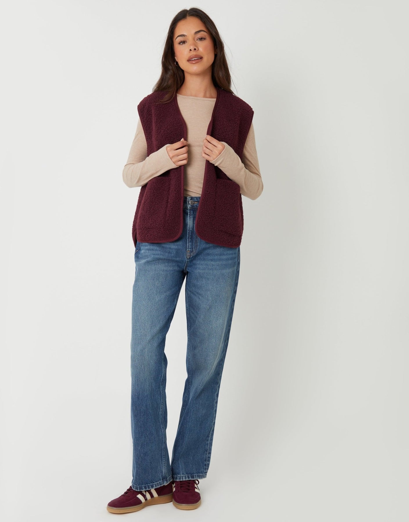 Threadbare Women's Reversible Fleece Borg Gilet in Berry Red