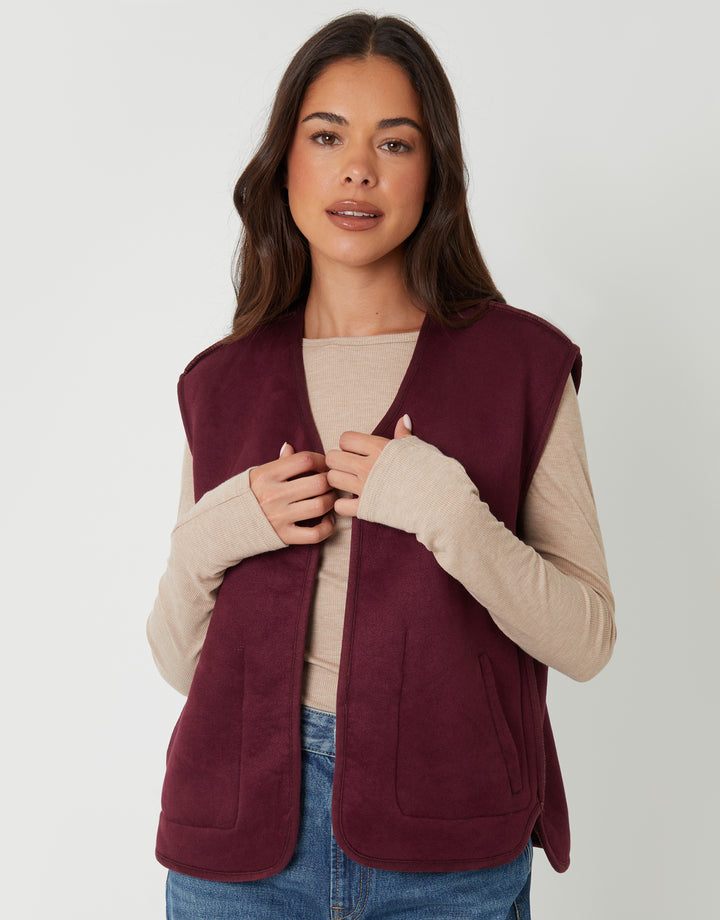 Berry Red Reversible Fleece Borg Gilet