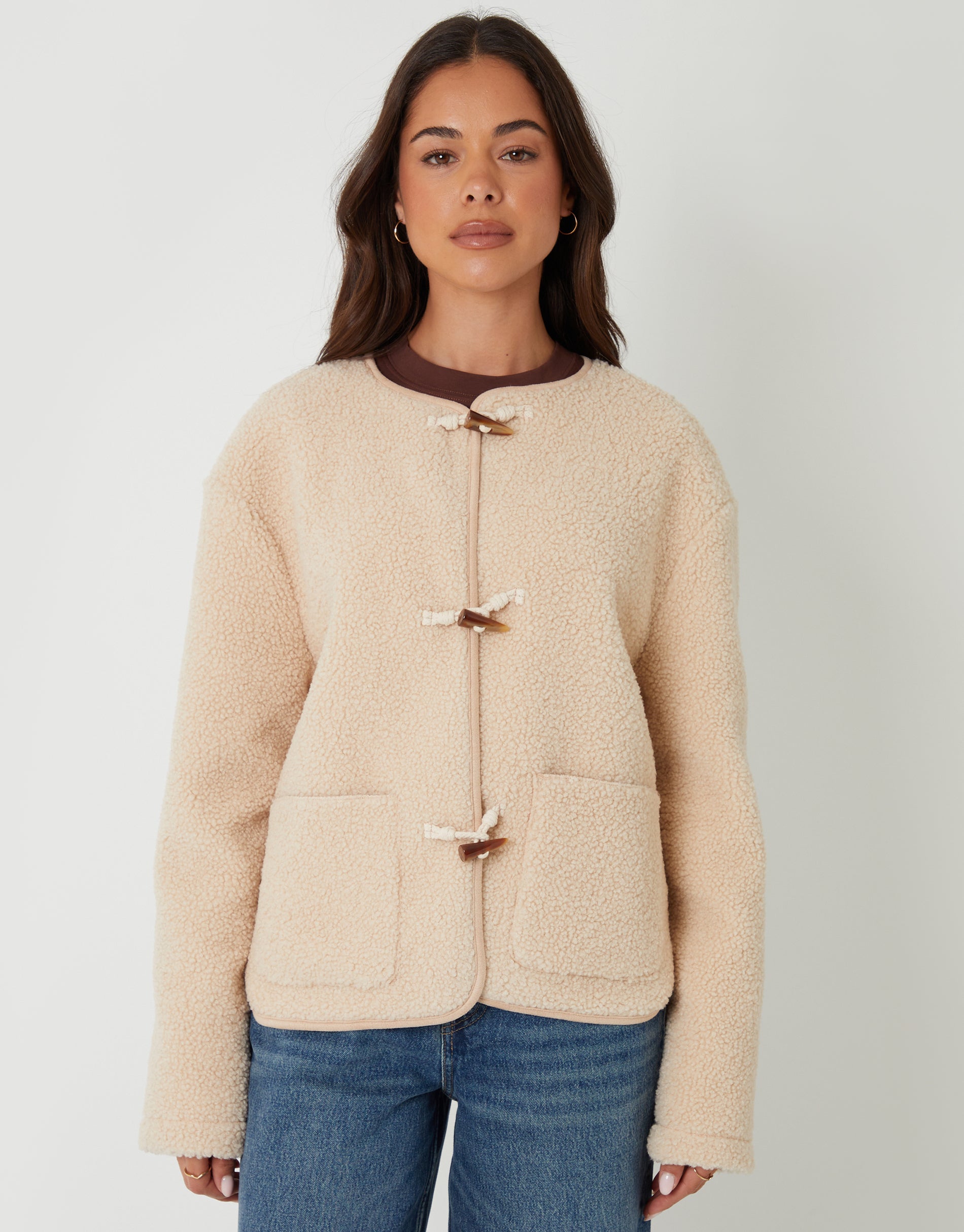 Threadbare Women's Beige Fleece Borg Toggle Jacket