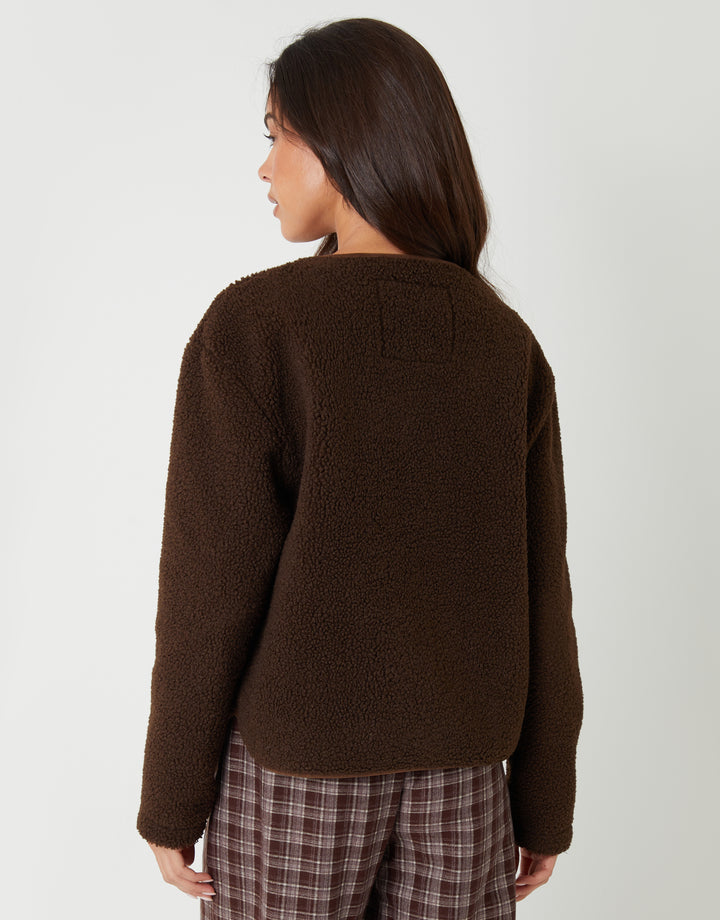 Chocolate Brown Fleece Borg Toggle Jacket