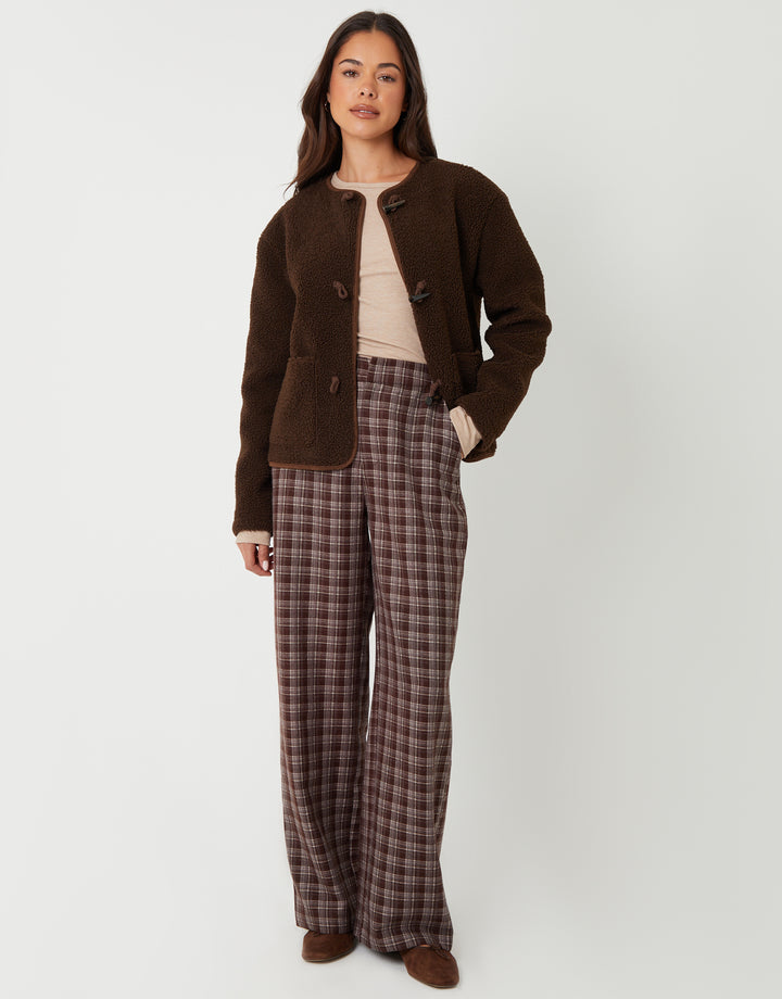 Chocolate Brown Fleece Borg Toggle Jacket