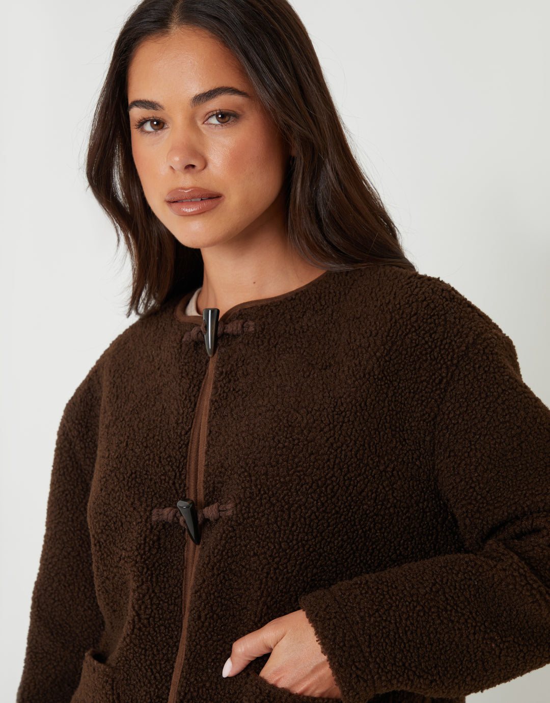 Chocolate Brown Fleece Borg Toggle Jacket