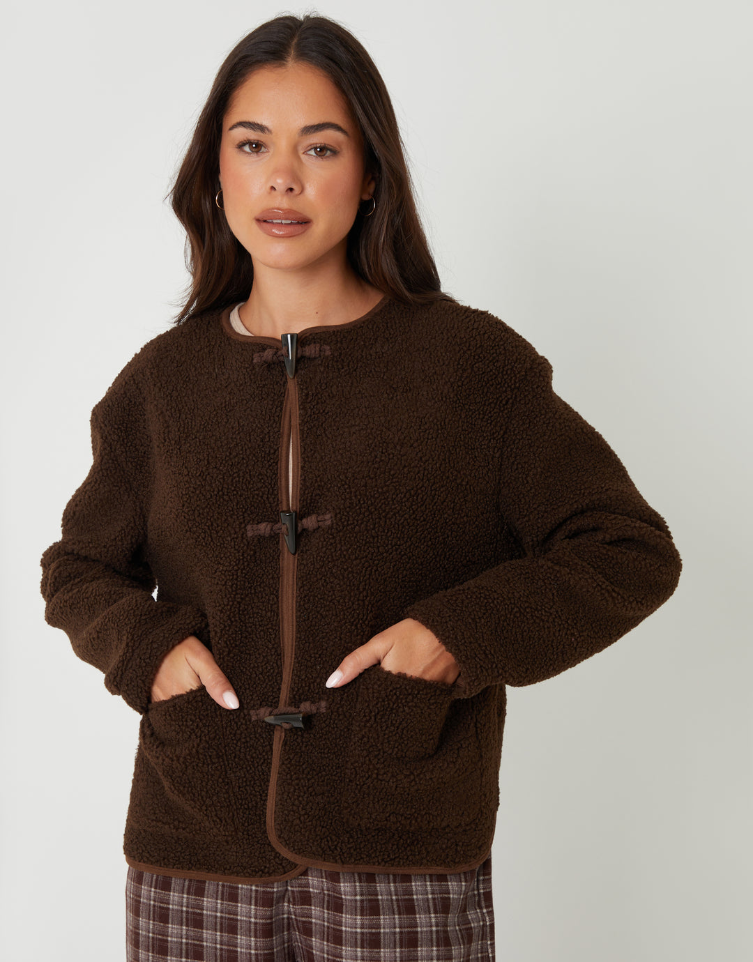 Chocolate Brown Fleece Borg Toggle Jacket