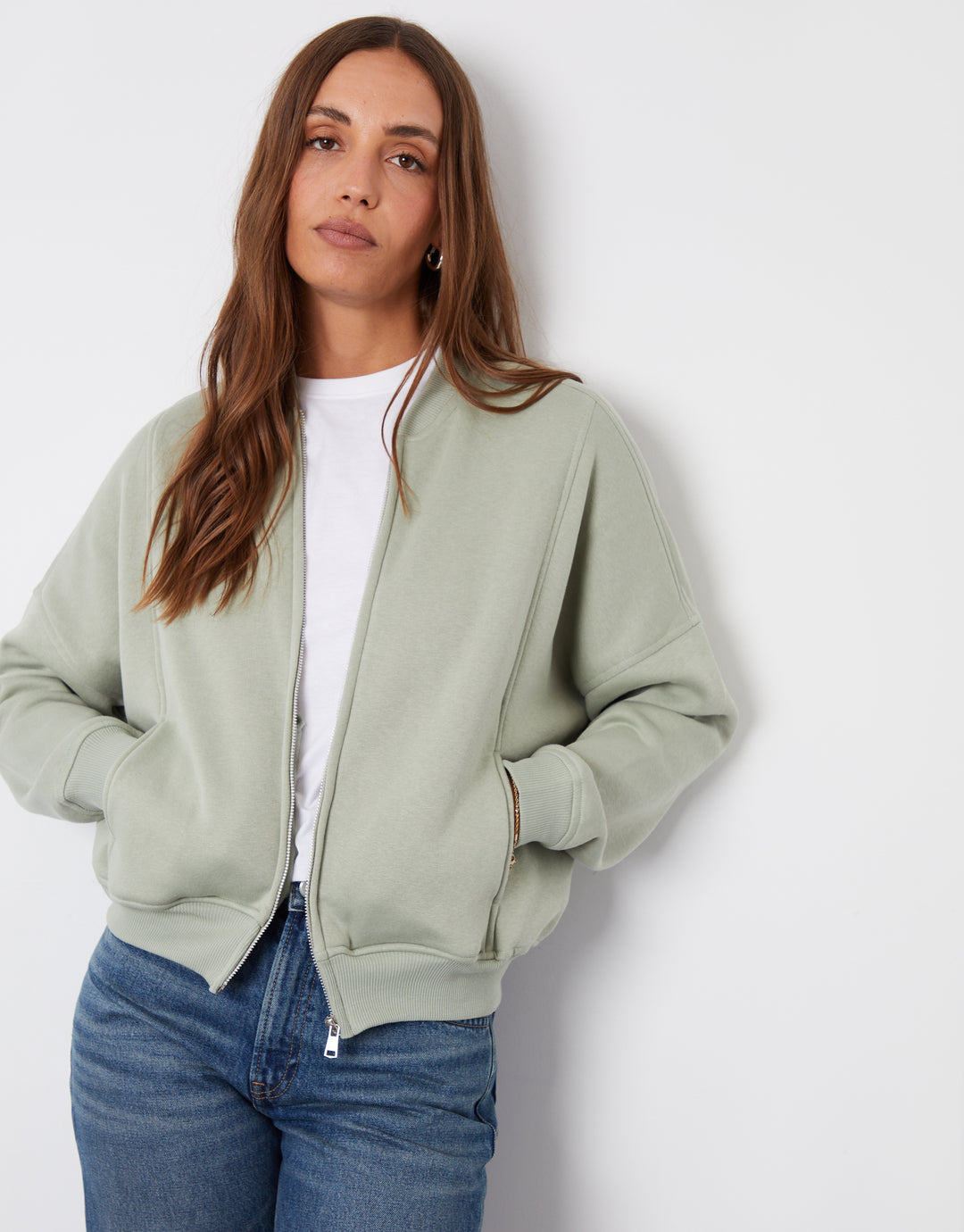 Zip-Up Bomber Sweat in Sage Green