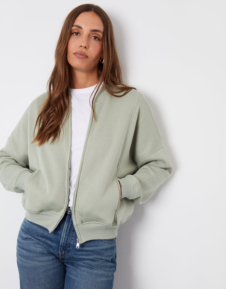 Zip-Up Bomber Sweat in Sage Green