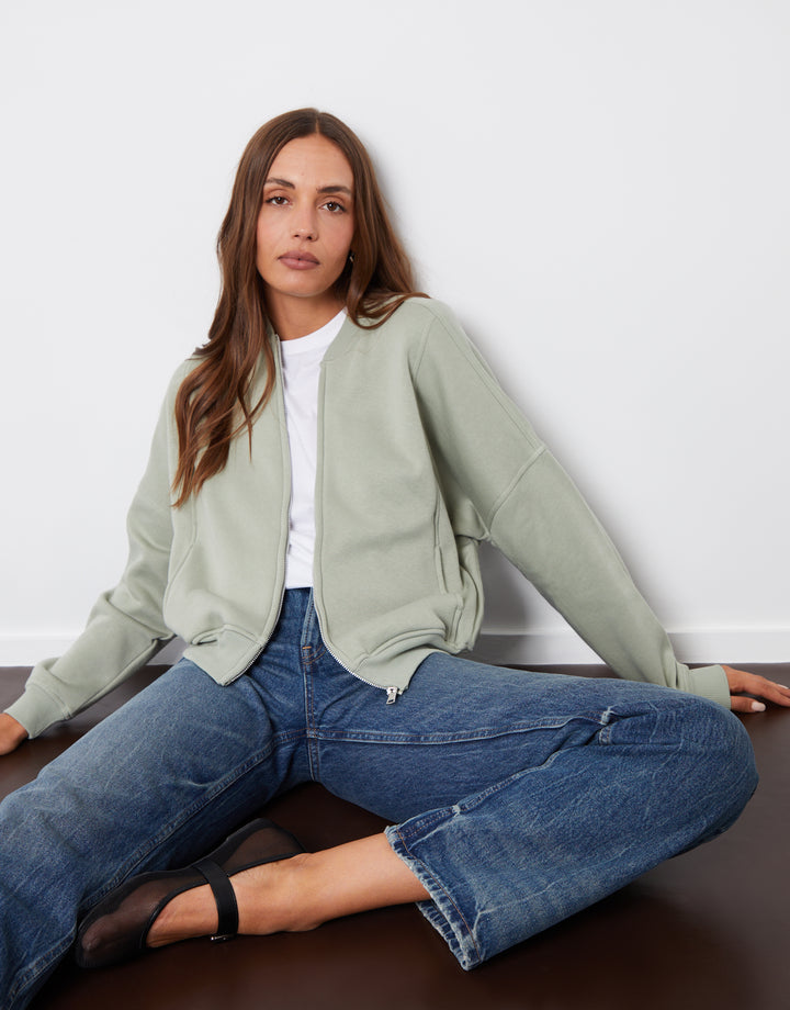 Zip-Up Bomber Sweat in Sage Green