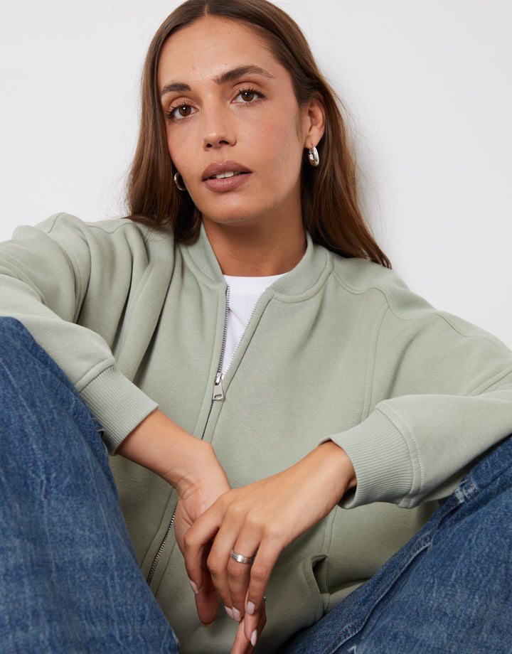 Zip-Up Bomber Sweat in Sage Green