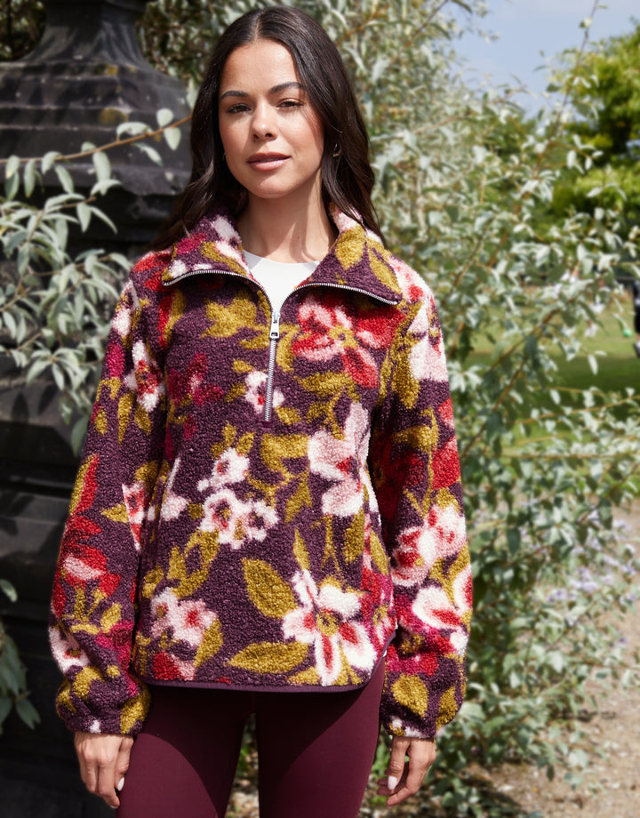 Red Floral Print Quarter Zip Fleece