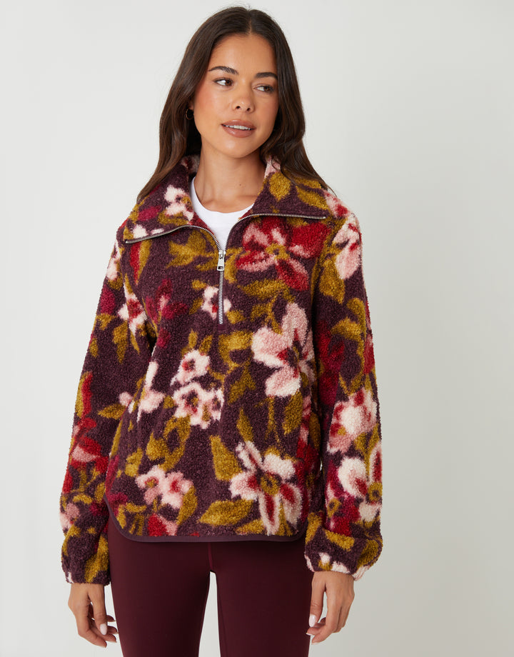 Red Floral Print Quarter Zip Fleece