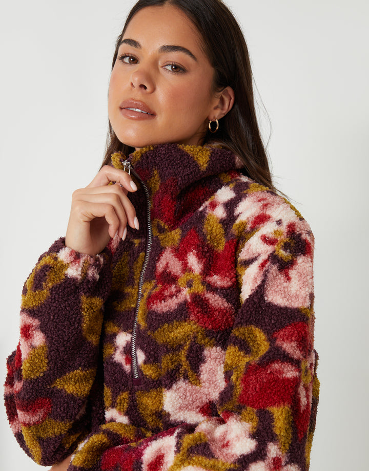 Red Floral Print Quarter Zip Fleece