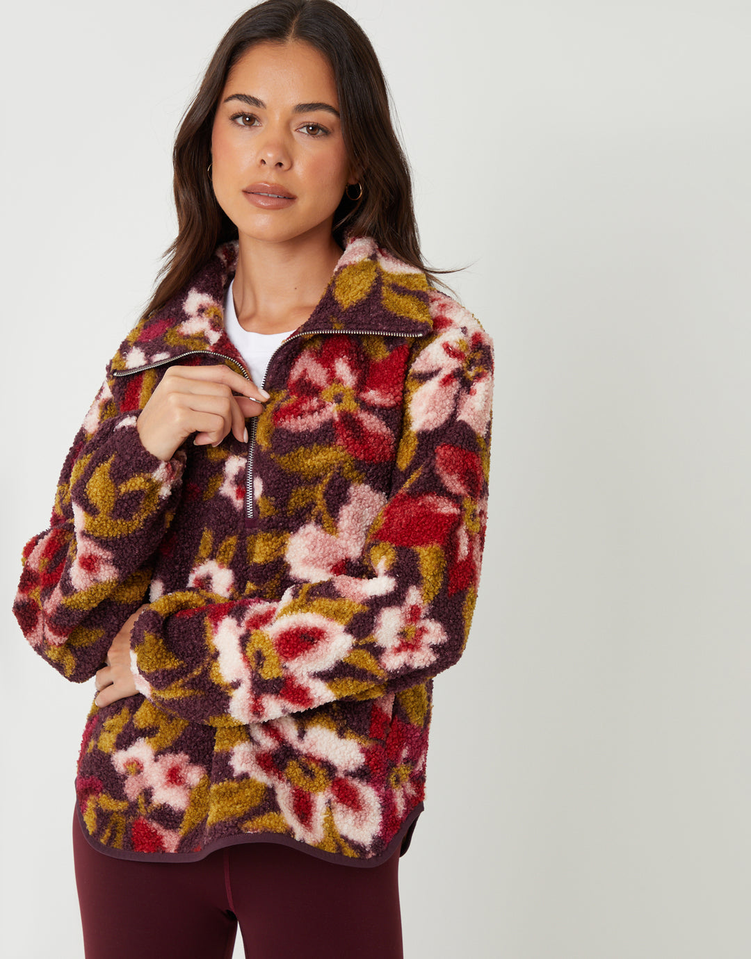 Red Floral Print Quarter Zip Fleece