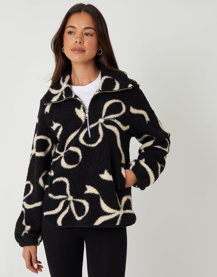 Black Bow Print Quarter Zip Fleece