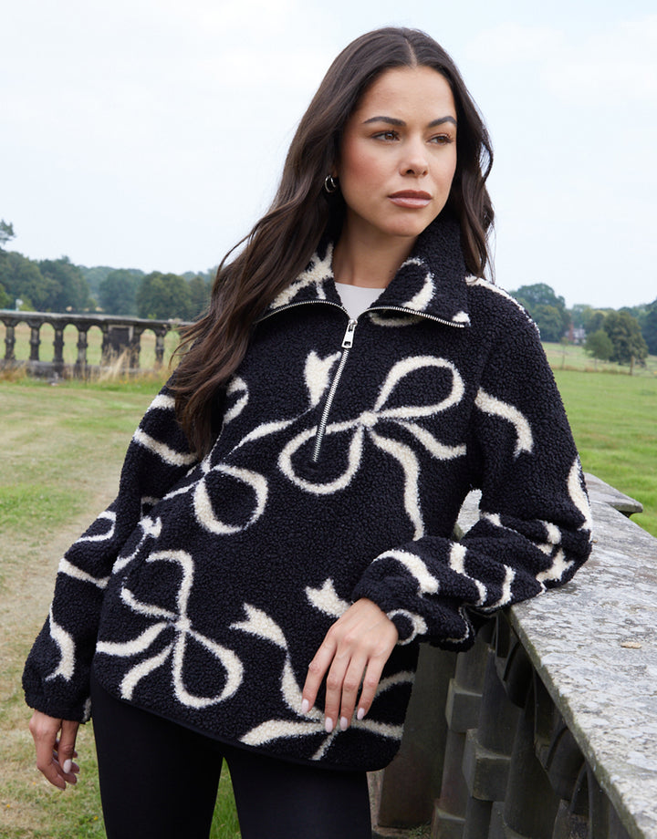 Black Bow Print Quarter Zip Fleece
