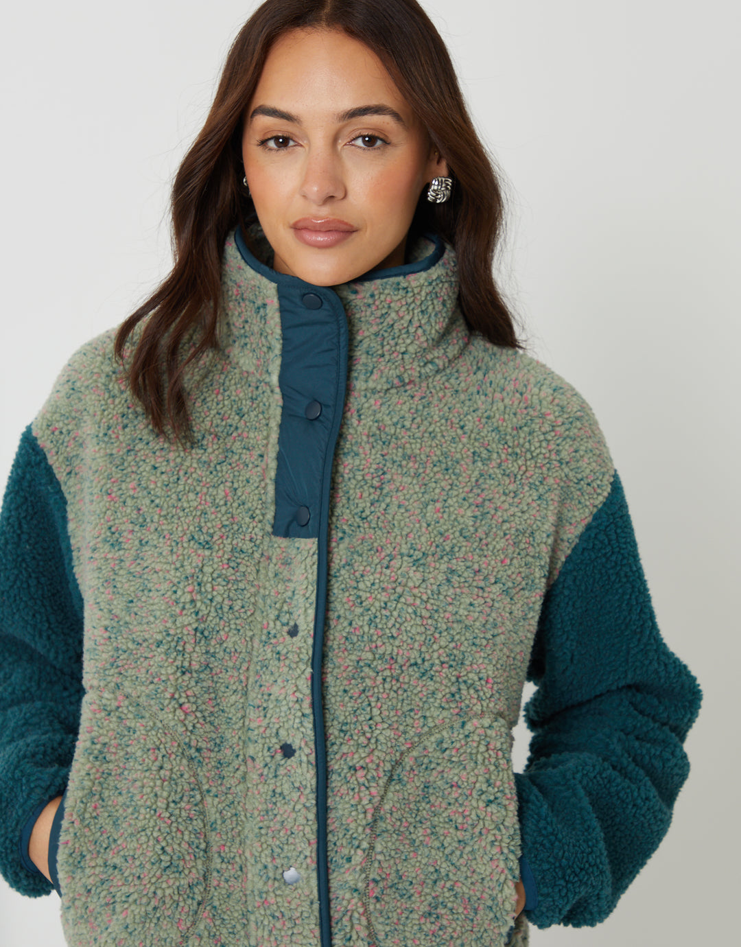 Green Colourblock Snap Borg Fleece