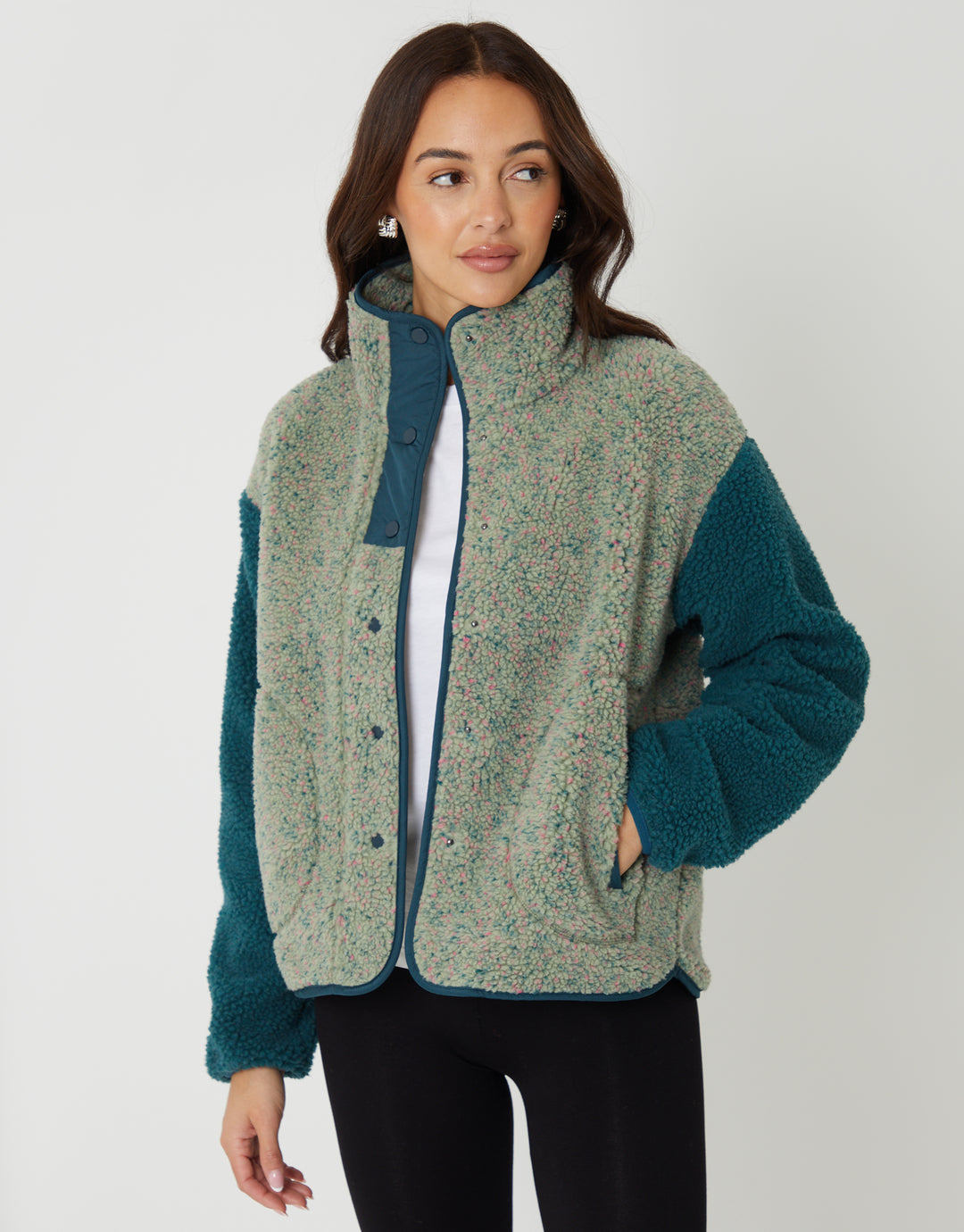 Green Colourblock Snap Borg Fleece
