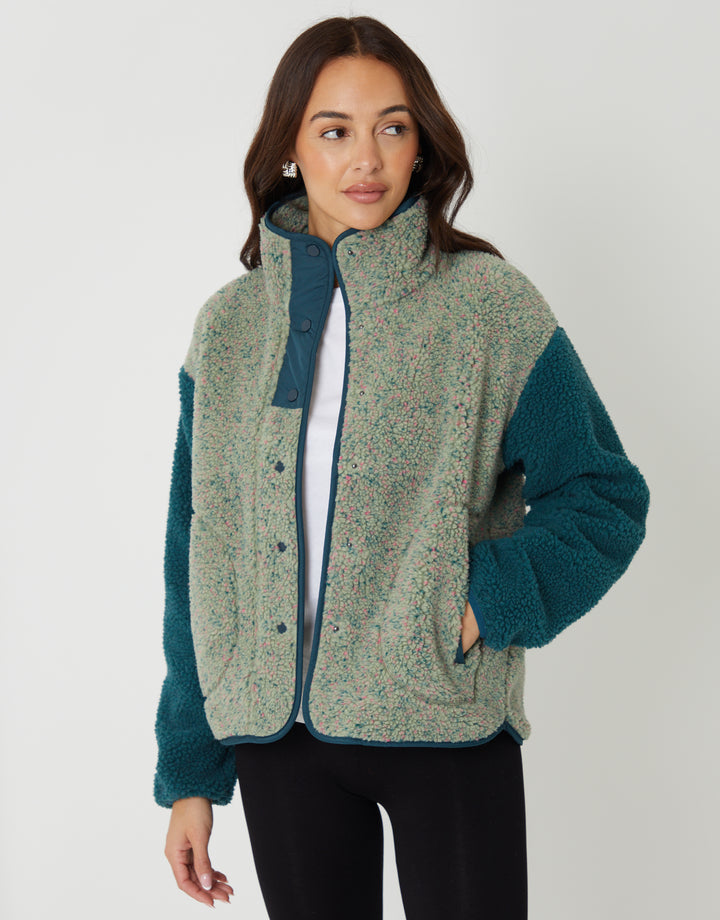 Green Colourblock Snap Borg Fleece