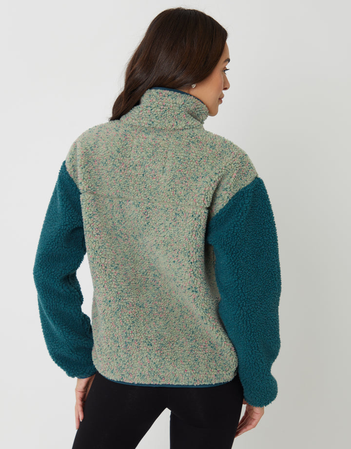 Green Colourblock Snap Borg Fleece