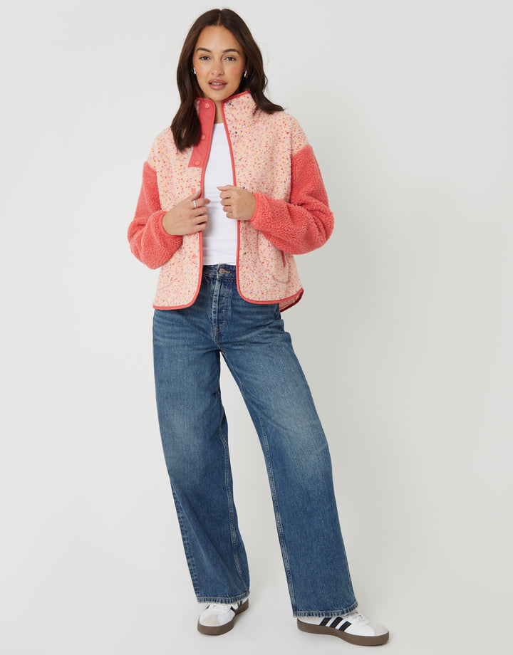 Pink Colourblock Snap Borg Fleece