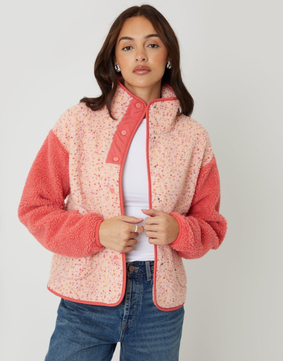 Worn Threadbare Threadbare Women's Colourblock Snap Borg Fleece in Pink