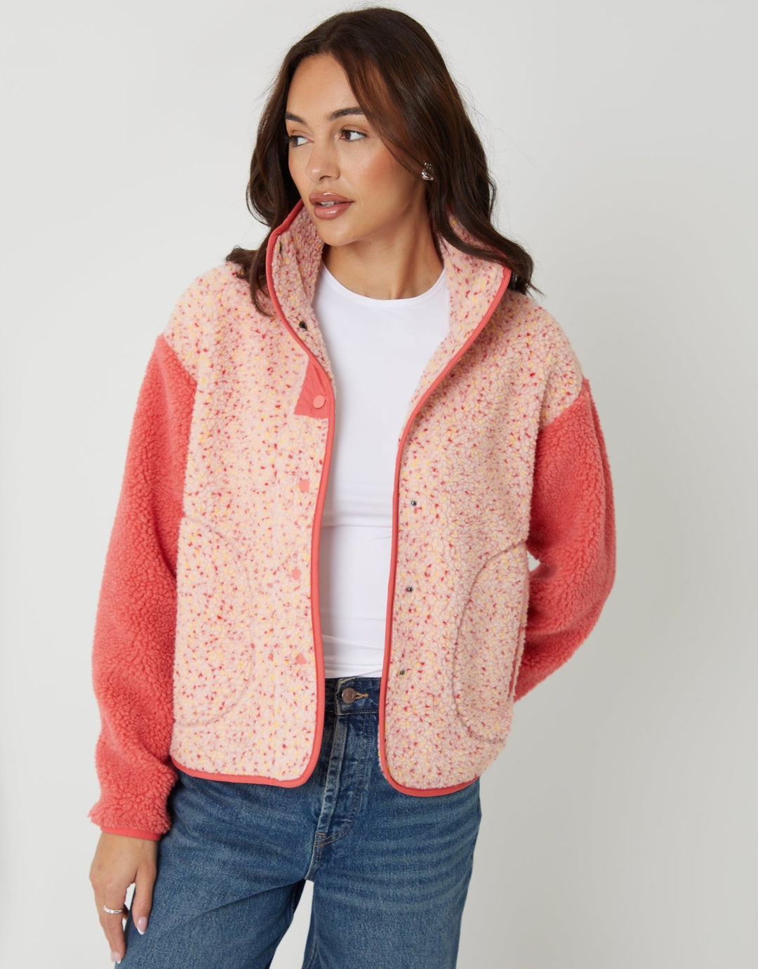 Worn Threadbare Threadbare Women's Colourblock Snap Borg Fleece in Pink