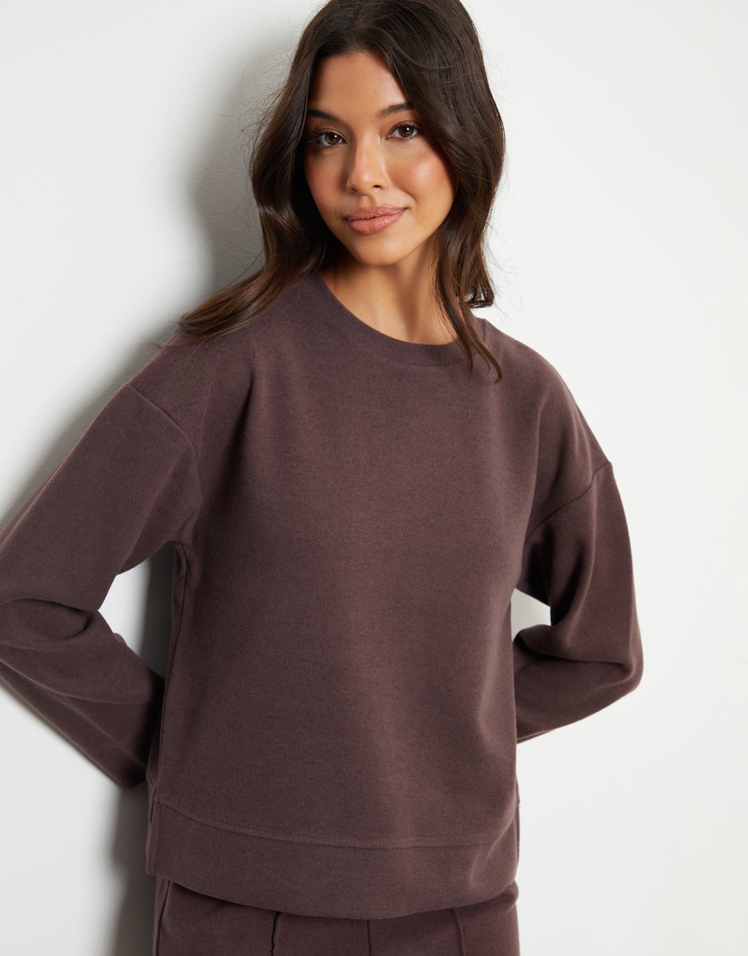 Threadbare Cosy Rib Relaxed Fit Sweatshirt in Chocolate Brown - front view