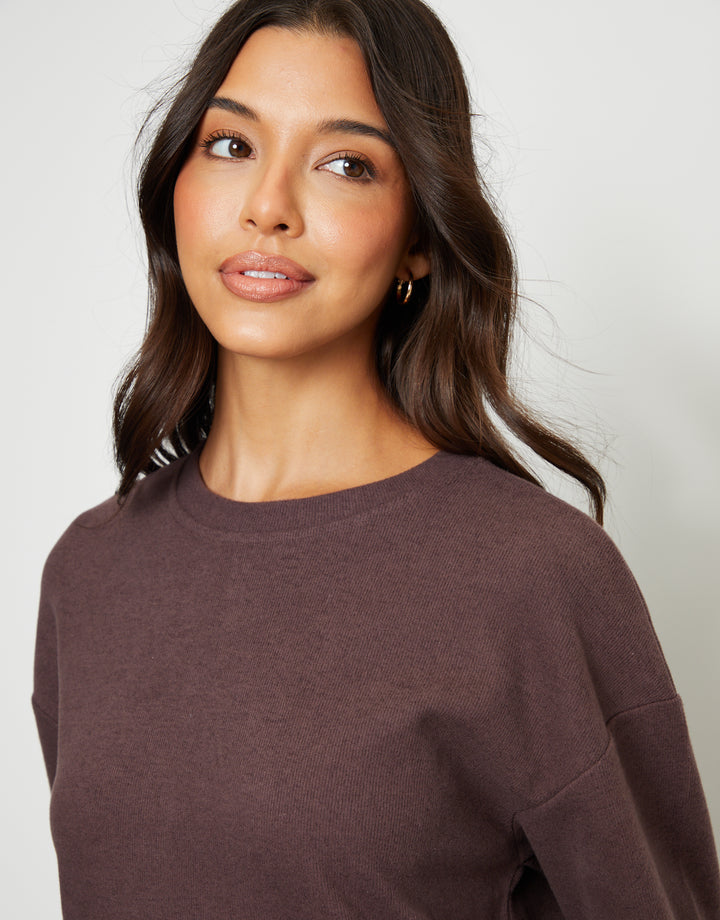 Threadbare Cosy Rib Relaxed Fit Sweatshirt in Chocolate Brown - neckline close up